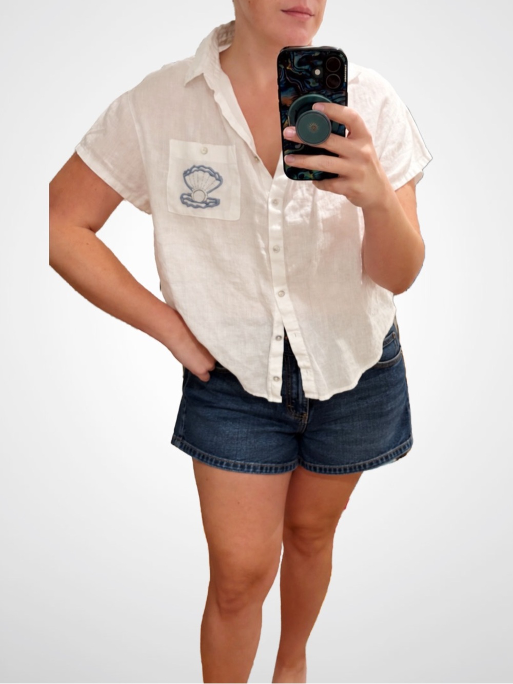 Nicole Miller 100% Linen Buttown Down, Abalone Buttons, L - Custom Embroidery